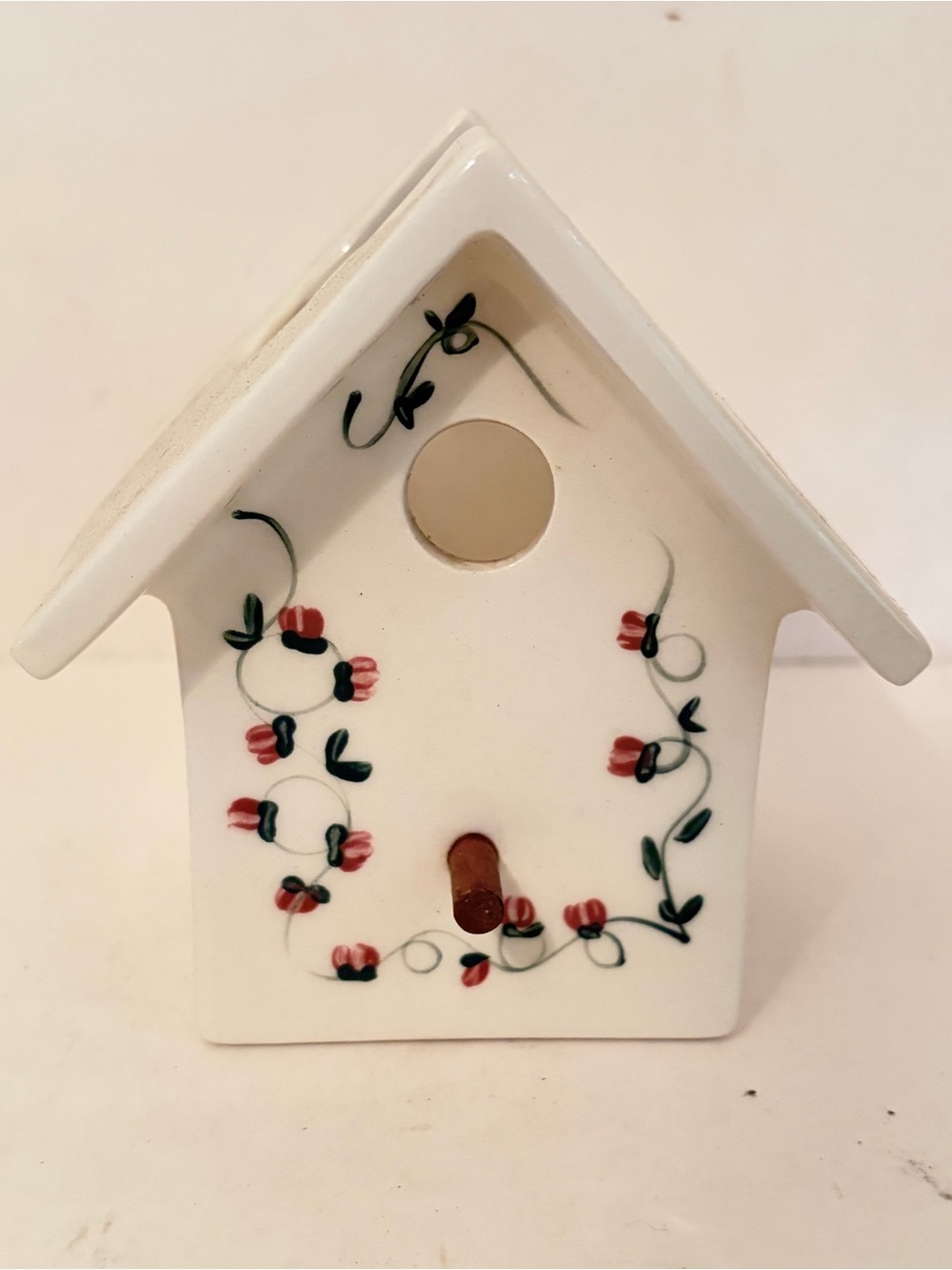Vintage 80s White Birdhouse with Pink Rosebuds Ceramic Wall Pocket Planter